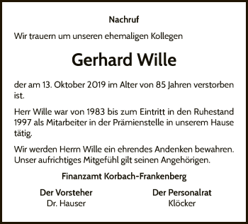 Traueranzeige von Gerhard Wille von WLZ