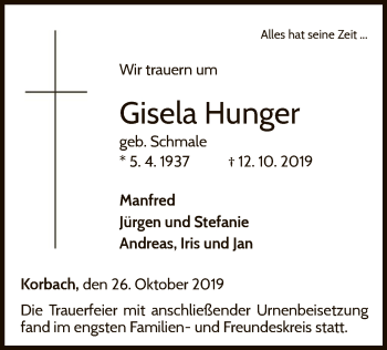 Traueranzeige von Gisela Hunger von WLZ