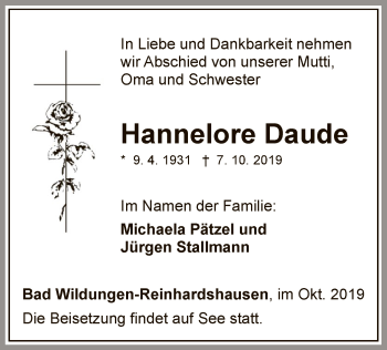 Traueranzeige von Hannelore Daude von WLZ