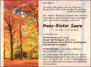 Traueranzeige von Hans-Dieter Saure von WLZ