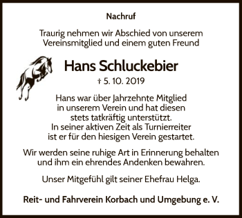 Traueranzeige von Hans Schluckebier von WLZ
