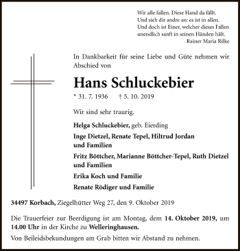 Traueranzeige von Hans Schluckebier von WLZ