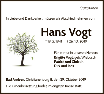 Traueranzeige von Hans Vogt von WLZ