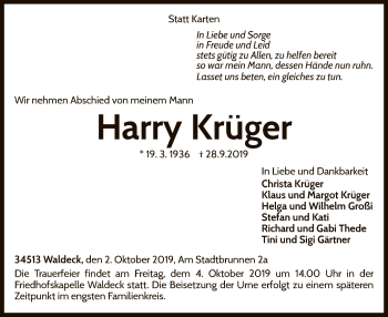 Traueranzeige von Harry Krüger von WLZ