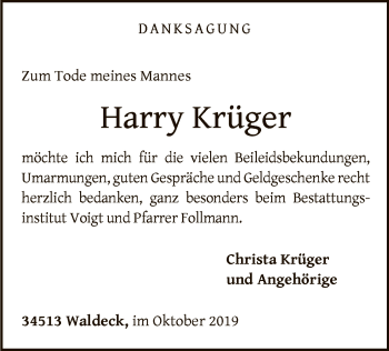 Traueranzeige von Harry Krüger von WLZ