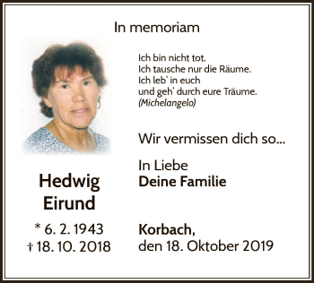 Traueranzeige von Hedwig Eirund von WLZ