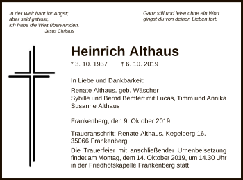 Traueranzeige von Heinrich Althaus von WLZ