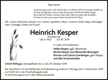 Traueranzeige von Heinrich Kesper von WLZ
