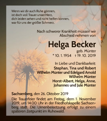 Traueranzeige von Helga Becker von WLZ