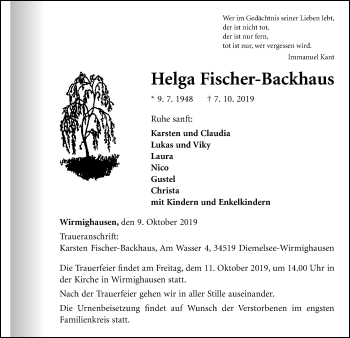 Traueranzeige von Helga Fischer-Backhaus von WLZ