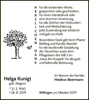 Traueranzeige von Helga Kunigt von Waldeckische Landeszeitung