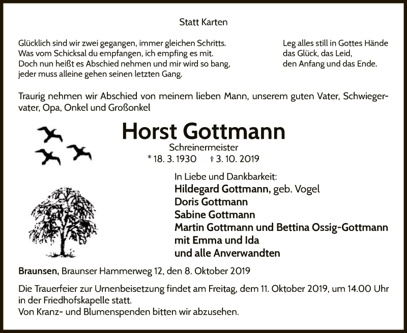  Traueranzeige für Horst Gottmann vom 08.10.2019 aus WLZ