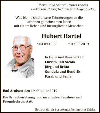 Traueranzeige von Hubert Bartel von WLZ