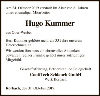 Traueranzeige von Hugo Kummer von WLZ