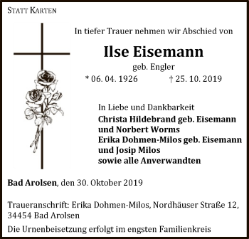 Traueranzeige von Ilse Eisemann von WLZ