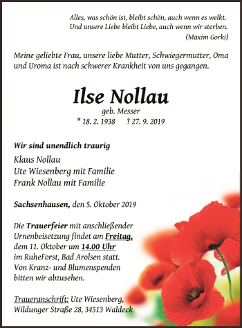 Traueranzeige von Ilse Nollau von WLZ