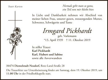 Traueranzeige von Irmgard Pickhardt von WLZ