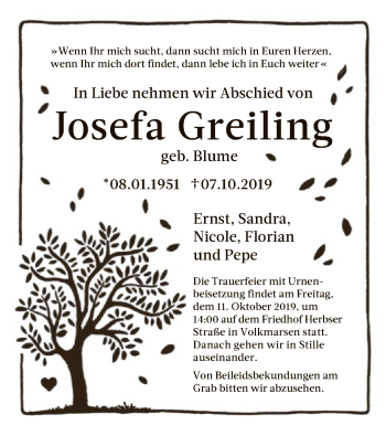 Traueranzeige von Josefa Greiling von WLZ
