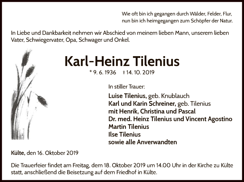  Traueranzeige für Karl-Heinz Tilenius vom 16.10.2019 aus WLZ