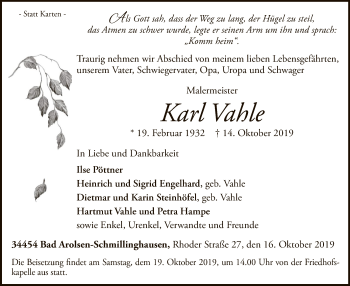 Traueranzeige von Karl Vahle von WLZ