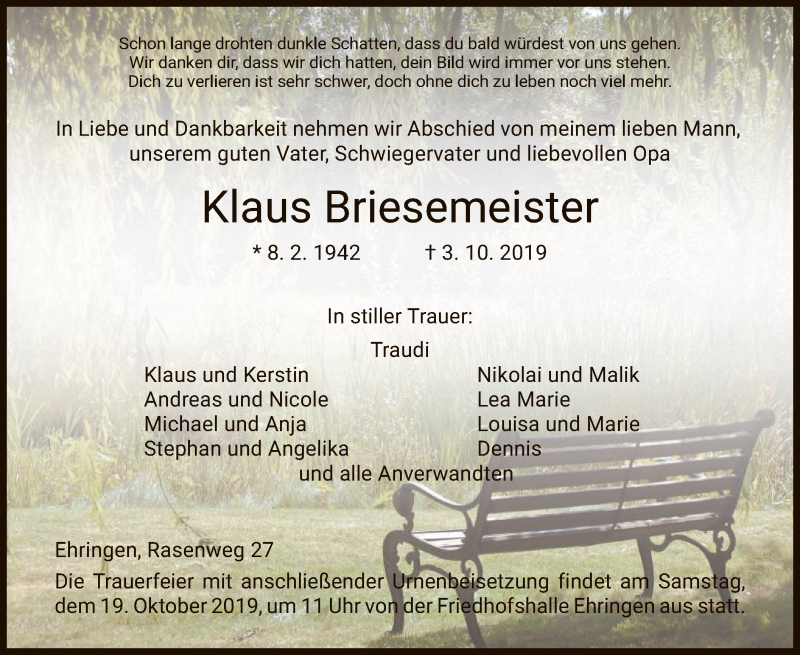  Traueranzeige für Klaus Briesemeister vom 12.10.2019 aus WLZ