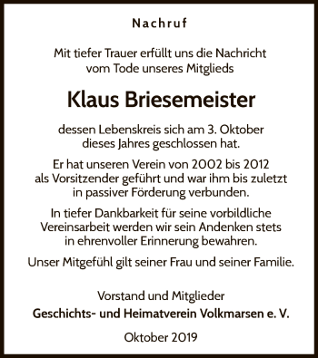 Traueranzeige von Klaus Briesemeister von WLZ