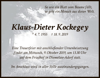 Traueranzeige von Klaus-Dieter Kockegey von WLZ