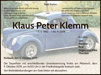Traueranzeige von Klaus Peter Klemm von WLZ