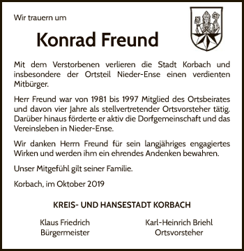 Traueranzeige von Konrad Freund von WLZ