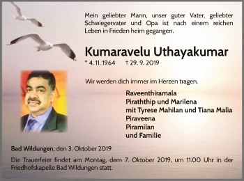 Traueranzeige von Kumaravelu Uthayakumar von WLZ