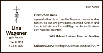 Traueranzeige von Lina Wagener von WLZ