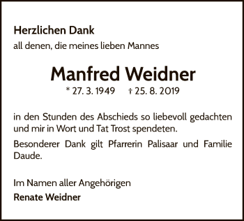 Traueranzeige von Manfred Weidner von WLZ