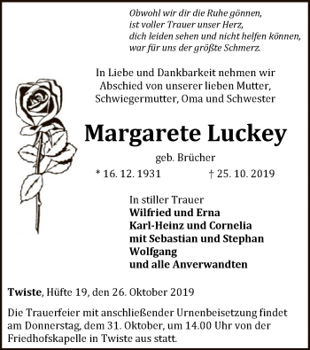 Traueranzeige von Margarete Luckey von WLZ