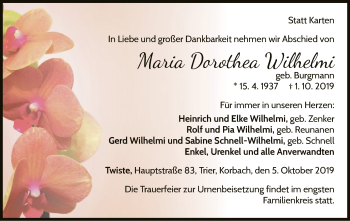 Traueranzeige von Maria Dorothea Wilhelmi von WLZ