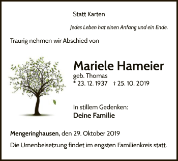 Traueranzeige von Mariele Hameier von WLZ
