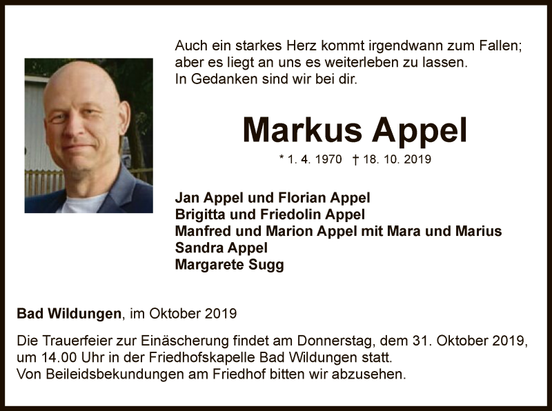  Traueranzeige für Markus Appel vom 26.10.2019 aus WLZ