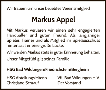 Traueranzeige von Markus Appel von WLZ