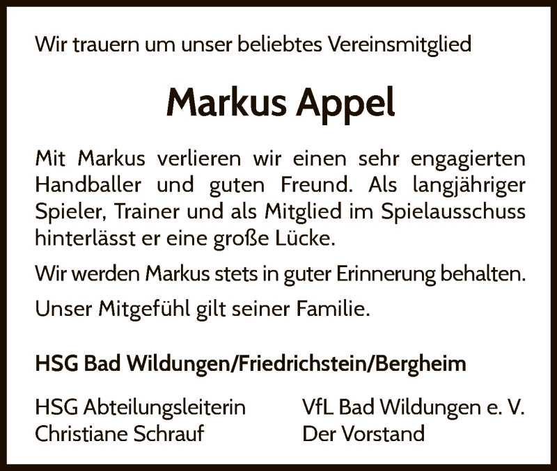  Traueranzeige für Markus Appel vom 29.10.2019 aus WLZ