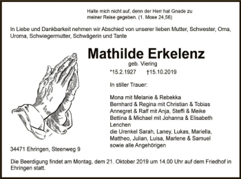 Traueranzeige von Mathilde Erkelenz von WLZ