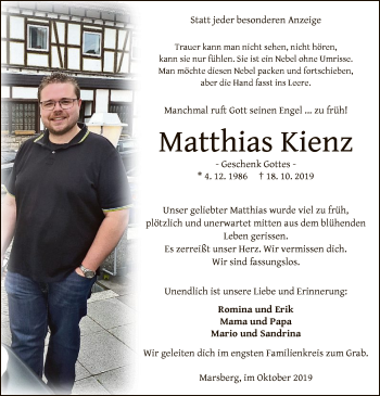 Traueranzeige von Matthias Kienz von WLZ