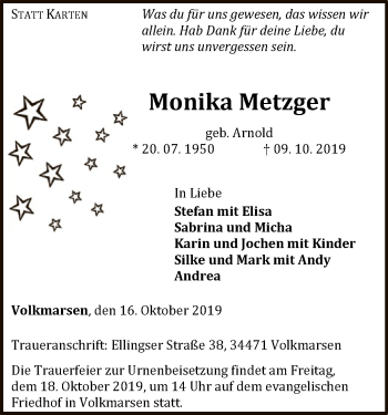 Traueranzeige von Monika Metzger von WLZ
