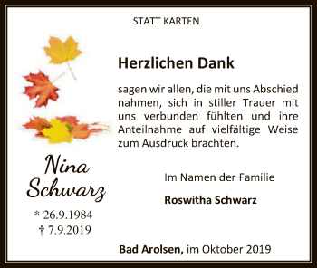 Traueranzeige von Nina Schwarz von WLZ