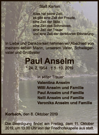 Traueranzeige von Paul Anselm von WLZ