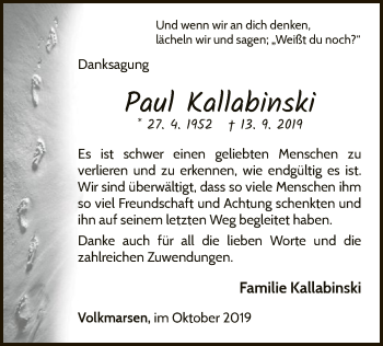 Traueranzeige von Paul Kallabinski von WLZ