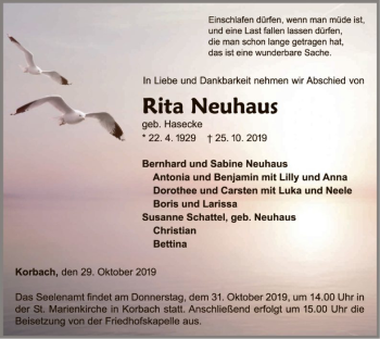 Traueranzeige von Rita Neuhaus von WLZ