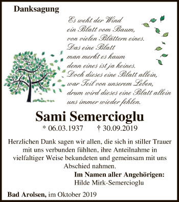 Traueranzeige von Sami Semercioglu von WLZ