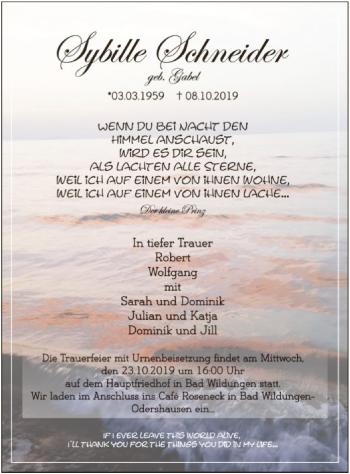 Traueranzeige von Sybille Schneider von WLZ