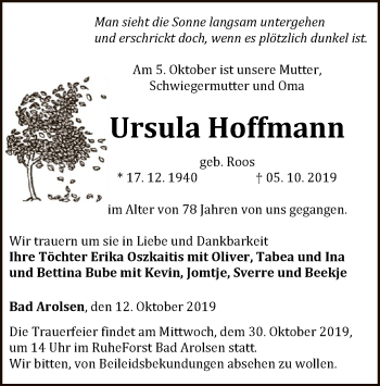 Traueranzeige von Ursula Hoffmann von WLZ