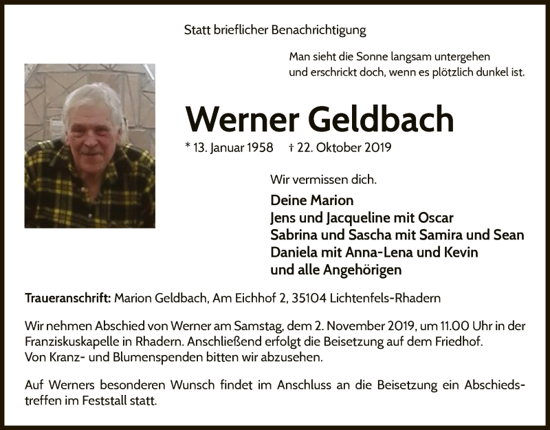  Traueranzeige für Werner Geldbach vom 26.10.2019 aus WLZ