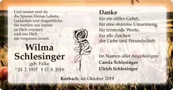 Traueranzeige von Wilma Schlesinger von WLZ